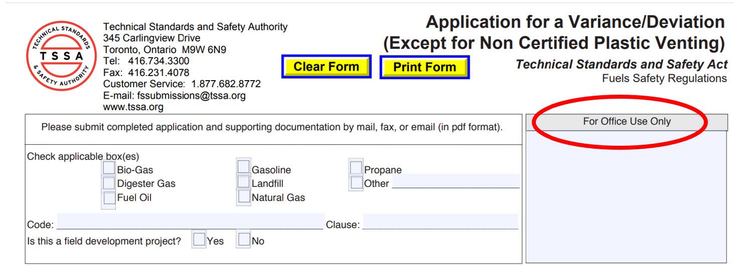 Masthead of the Application for a Variance/Deviation (except for non-certified plastic venting) form